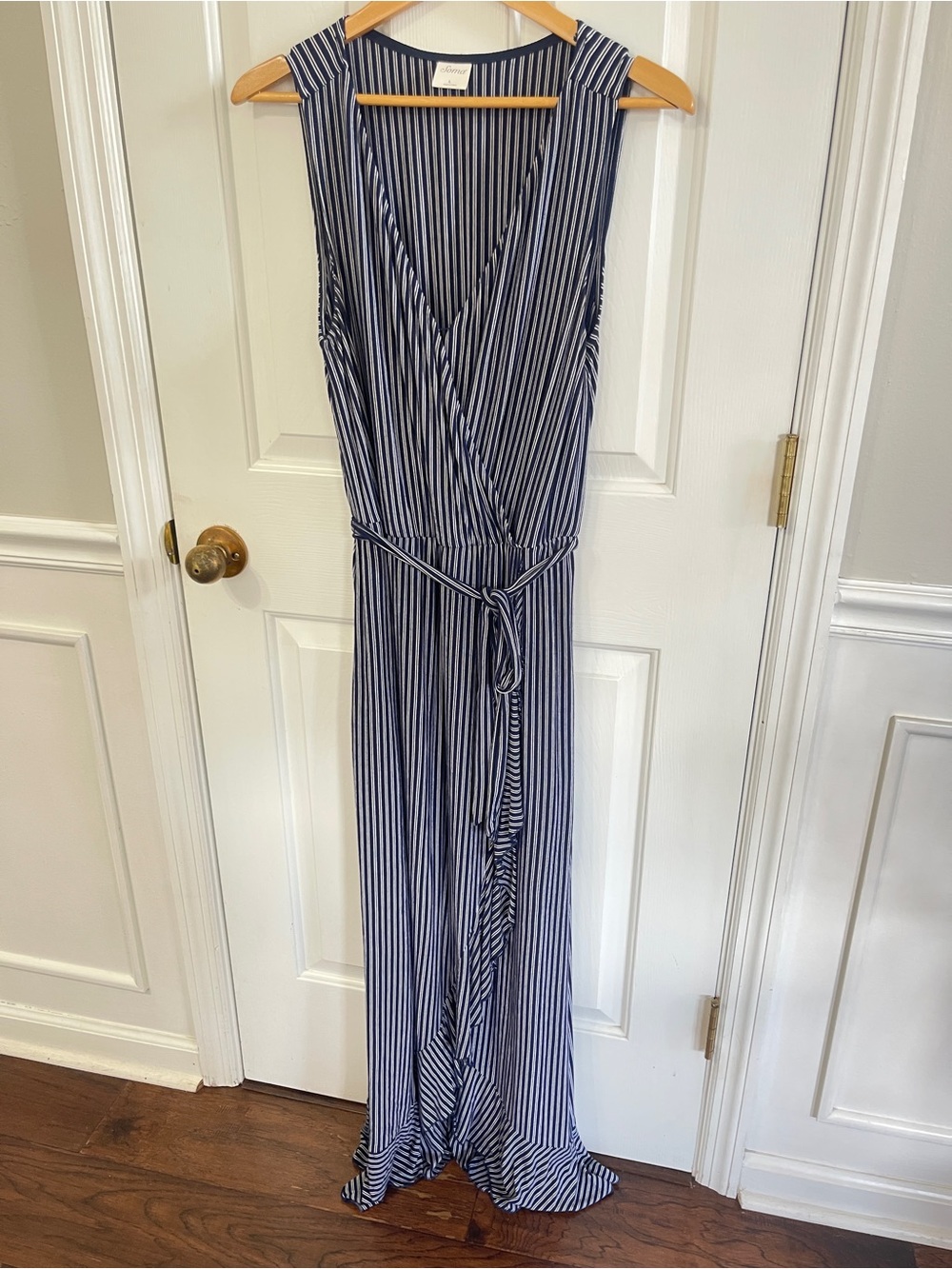 Soma Navy & White Striped Sleeveless Size Large Maxi Dress Faux wrap Nautical - Picture 2 of 11